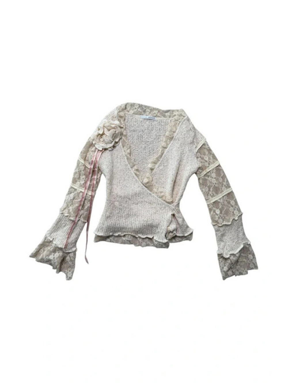 Zone Bleue Vintage Lace Knit Sweater Cream Rosette Bell Sleeve Y2K